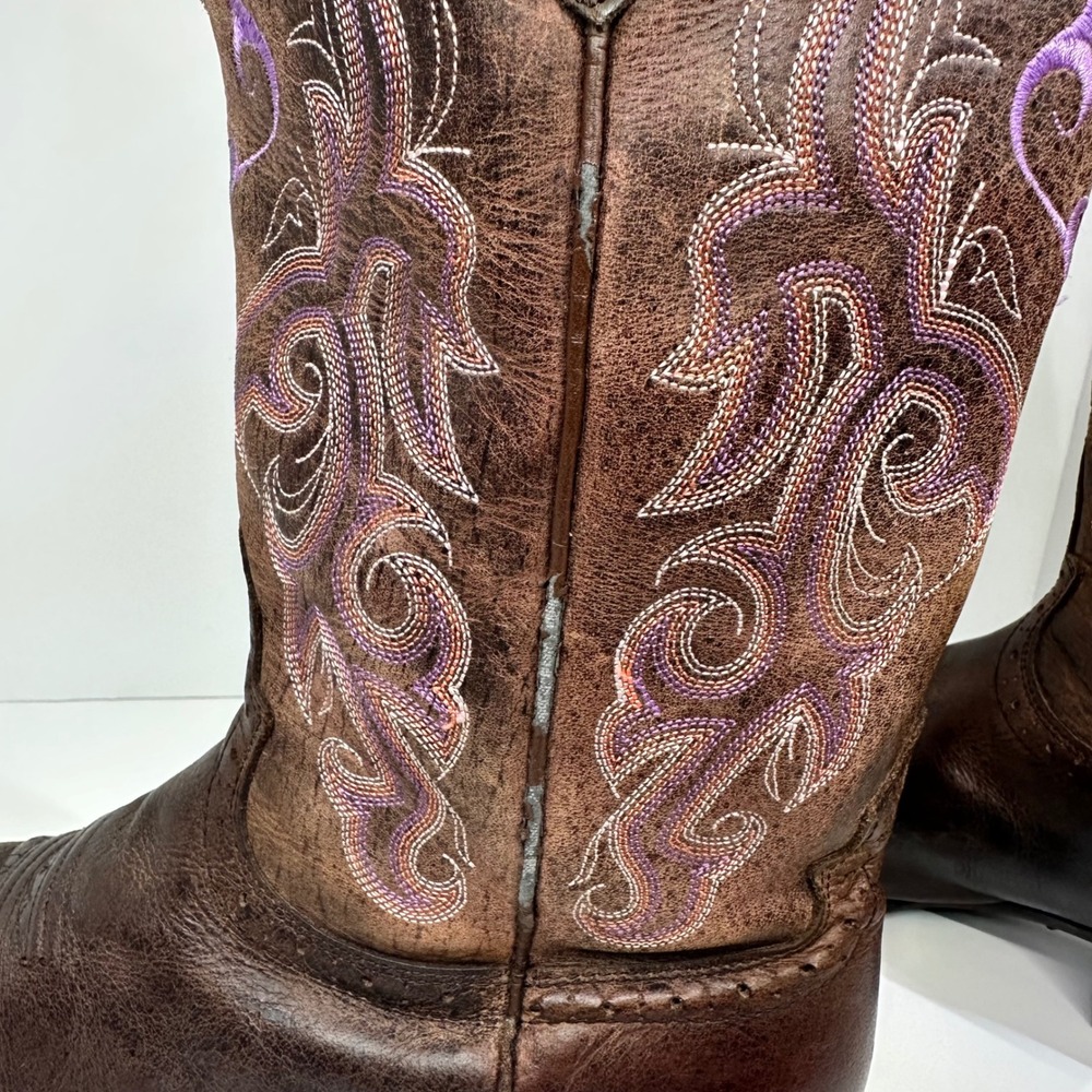 Justin Womens 8B Cowboy Boots Brown Leather Purple Embroidered Western - Picture 5 of 12